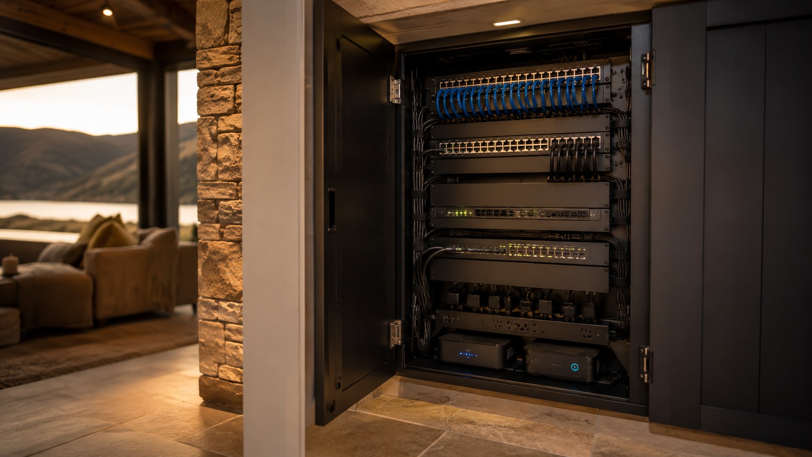 Network rack with cabling and PoE switch